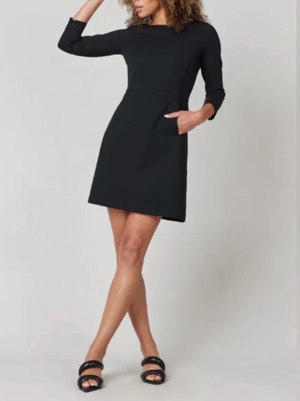 Spanx Perfect A-Line Dress Medium Black Ponte Fabric 3/4 Sleeve Pockets LBD
